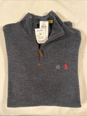 Ralph Lauren Heather Gray Half-Zip Sweatshirt with Red Pony